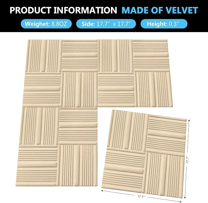 Velvet 3D wall Panels for Interior Decor Peel and Stick, Soundproof Geometric Textured 3D Wall Panels for Living Room, Bedroom, TV Background Beige 17.7" x 17.7", Covers 26.15 Sq.Ft 12pcs - Image 3