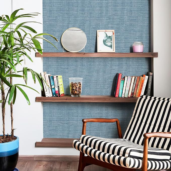 JiffDiff Grasscloth Wallpaper Peel and Stick Blue Grassweave Stick on Wallpaper Textured Self Adhesive Wall Paper Contact Paper 17.3"x472" - Image 6