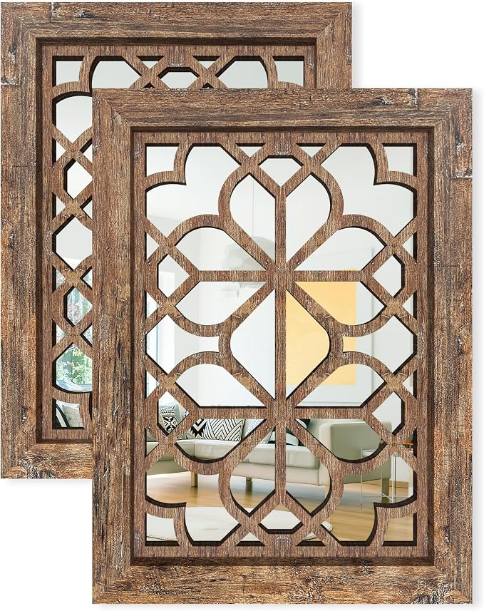 Set of 2 13x17 Inch Rectangular Shatterproof Decorative Wall Mirrors, Boho Farmhouse Rustic Vintage Grey Accent Mirrors for Living Room, Bedroom, Entryway & Home Wall Decor，Maroon by HMANGE