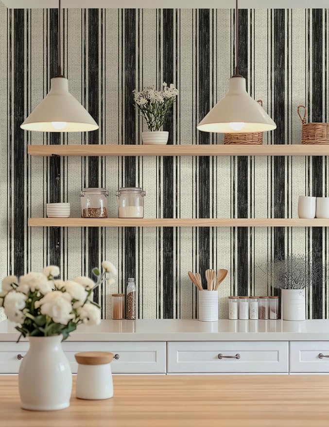 Safiyya Peel and Stick Wallpaper Black and Cream White 17.3"×197" Hand-Painted Striped Contact Paper Beige Vintage Wall Paper Self Adhesive Removable Wallpaper for Bedroom Bathroom Vinyl - Image 8