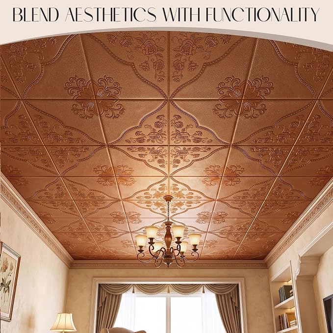 Nuanchu 40 Pcs 13.8 x 13.8 Inch Ceiling Tiles Peel and Stick, Copper | Foam White 3D Wall Panels 26-105.5 Sq. ft Adhesive Glue up Waterproof Wallpaper for DIY Office Home - Image 5