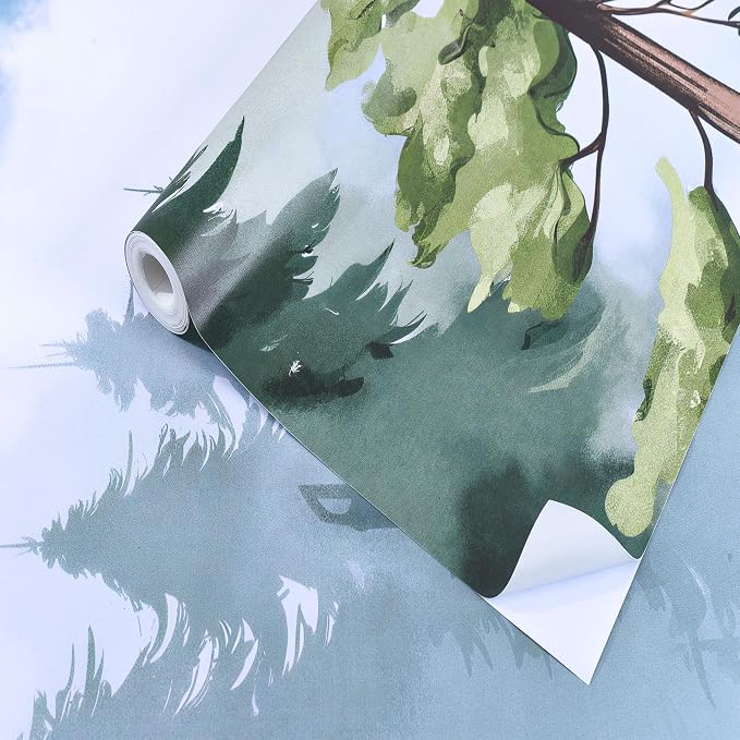 ASJ Forest Peel and Stick Wallpaper Mural, Watercolor Misty Mountain Blue | Seamless edge-to-edge match. Pine tree birds nature artwork, 139x94 in, premium fabric, bedroom living room. - Image 9