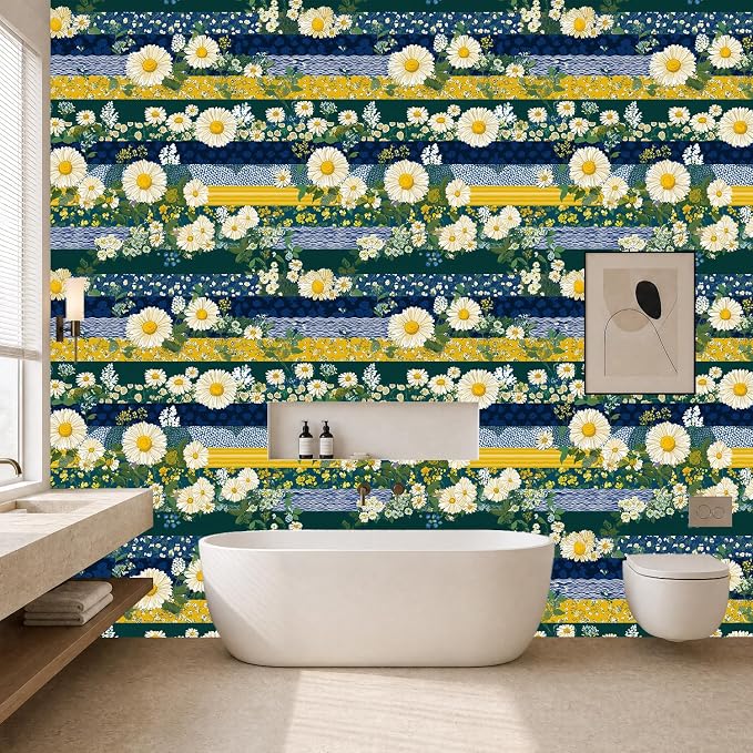 Striped and Multicolored Flowers Removable Self-Adhesive Wallpaper for Bedroom & Living Room Decor 17.7×118 Inch,Waterproof Wall Covering for Accent Walls, Apartment, Nursery - Image 6