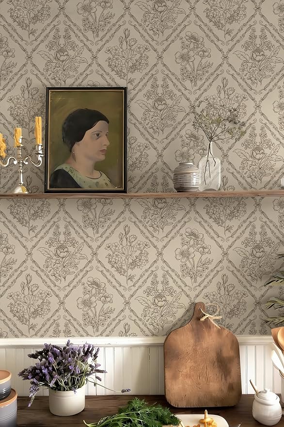 Toduso Vintage Peel and Stick Wallpaper Brown Floral Wallpaper for Kitchen Boho Neutral Contact Paper Removable Waterproof Self Adhesive Wall Paper for Bathroom Bedroom Drawer Decor Vinyl 17.3"x196.8" - Image 7
