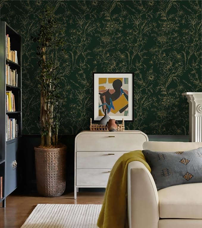 Hopepak 17.3''x197'' Floral Peel and Stick Wallpaper Gold and Green Contact Paper Self Adhesive Removable Wall Paper for Bedroom Waterproof for Bathroom Cabinet - Image 4