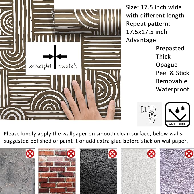 Livelynine Brown Geometric Wallpaper Peel and Stick Bold Abstract Wallpaper Living Room Accent Wall Paper Removable Minimalist Mid Century Modern Contact Paper for Cabinets Self Adhesive 17.5x78.8 - Image 6