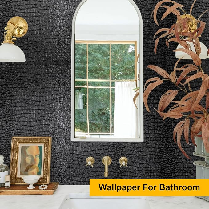 Fititem Black Peel and Stick Wallpaper Crocodile Texture Modern 1180”×17.3” | Black Wallpaper for Bedroom Bathroom Waterproof Removable Self Adhesive Wallpaper 3D Embossed Faux Leather Contact Paper Dark - Image 3