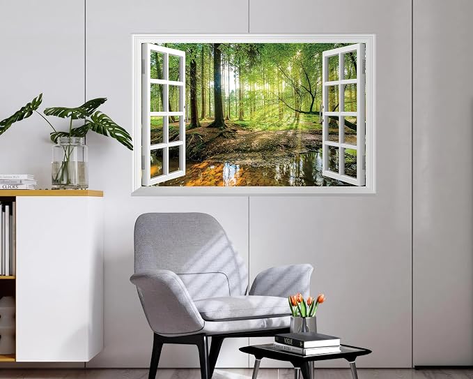 FLFK Fake Window Wall Mural - Forest Jungle Faux Window Wall Sticker for Wall Decor, Stick and Peel Wall Decals,48"x32",Set of 2 Sheets - Image 4