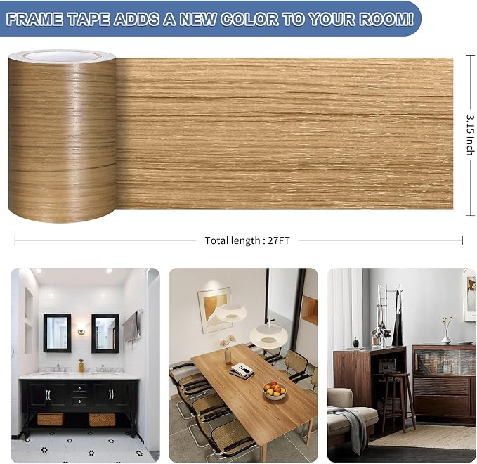 TIANLDD 27 FT Wood Grain Wallpaper Border, Removable Waterproof Mirror Border Peel and Stick,Bathroom Mirror Frame Border.(Natural Oak) - Image 3