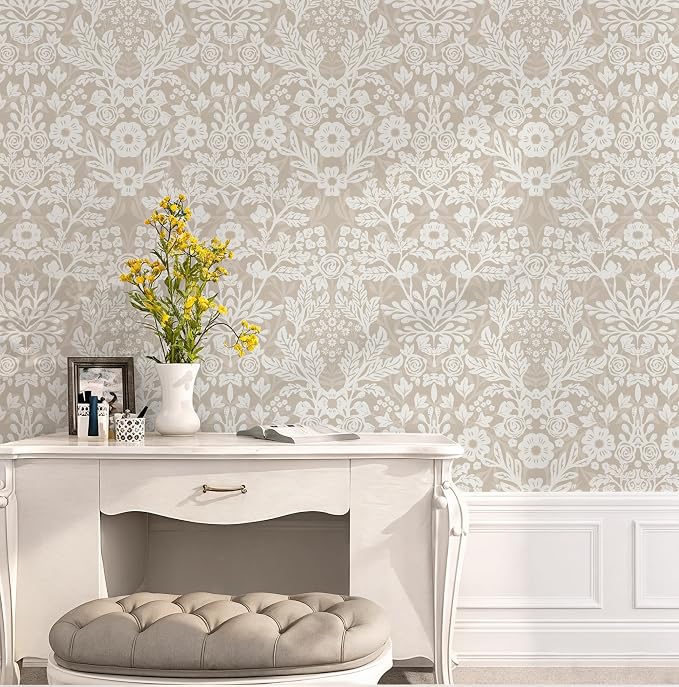 Toduso Peel and Stick Wallpaper Boho Beige Wallpaper Floral Contact Paper Removable Self Adhesive Waterproof Wall Paper for Bathroom Bedroom Living Room Thicken Vinyl Roll 17.3" x 393.7" - Image 7
