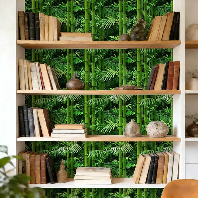 Vintage Green Bamboo Wallpaper Botanical Peel and Stick Wallpaper | Lush fresh green bamboo and palm foliage print, Removable waterproof vinyl wall covering, bedroom accent wall decor - Image 5