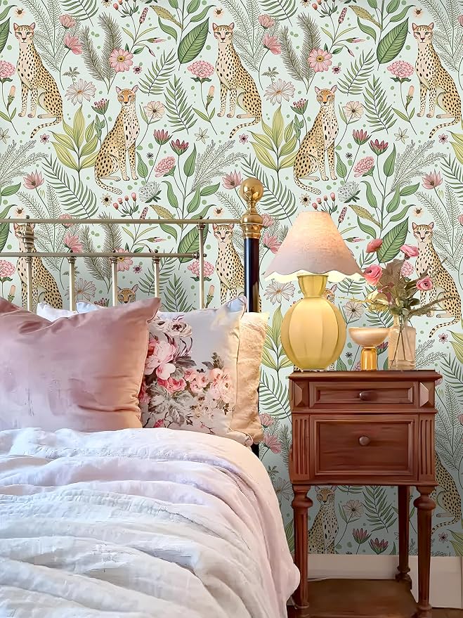 Floralplus Wallpaper Peel and Stick Jungle Leopard Wallpaper | Removable Boho Cheetah Animal Wallpapers Renter Friendly Floral Contact Paper for Bathroom Shlef Liner Dresser 17.5 x 118 in - Image 9