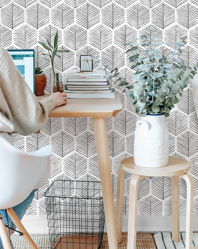 MelunMer Grey Modern Peel and Stick Wallpaper Boho Removable 17.3''×78.8'' | Dark Grey Contact Paper Self Adhesive Wallpaper for Bedroom/Bathroom Waterproof Geometric Contact Paper for Cabinets Drawer - Image 2