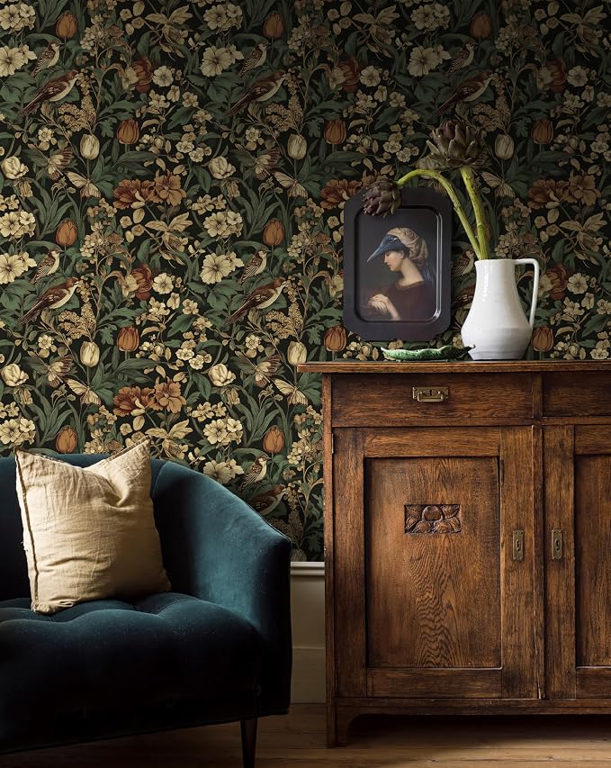 Erfoni Bird Floral Peel and Stick Wallpaper Vintage Contact Paper for Walls | 17.3" x 394" Floral and Leaf Self Adhesive Wallpaper Retro DIY Removable Decorative Wallpaper for Livingroom Vinyl Roll Dark - Image 7