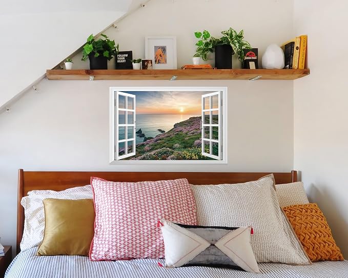 FLFK Fake Window Wall Sticker - Sunset Over the Sea Faux Window Wall Mural for Wall Decor, Stick and Peel Wall Decals,24"x16" - Image 3