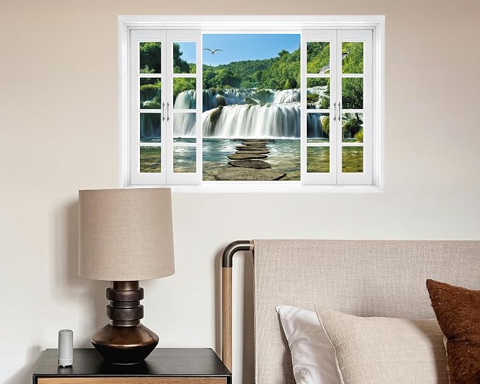 FLFK Fake Window Wall Decal - Waterfall Nature Scene Peel and Stick Mural, 24 x 16 inches - Image 3