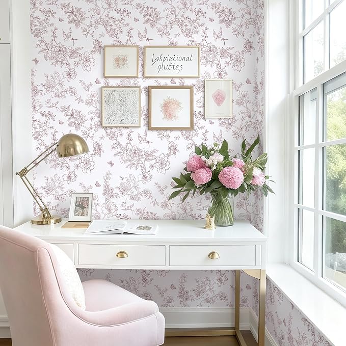 Froluya Floral Peel and Stick Wallpaper Vintage Red White 17.7in×196.8in | Red Floral Contact Paper Peel and Stick Boho Self Adhesive Wallpaper Flowers Birds Removable Wall Paper for Bathroom Decor - Image 2