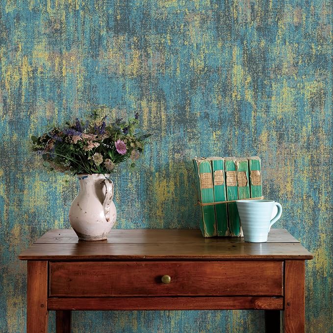 JiffDiff Vintage Metallic Peel and Stick Wallpaper Industrial Metallic Concrete Wall Paper Modern Stick on Wallpaper Self Adhesive Contact Paper(17.3" x 1200" Blue Gold) - Image 8