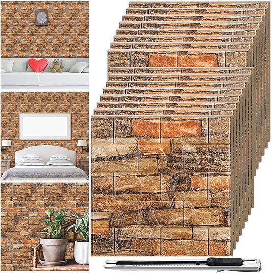 Colarr 60 Pcs 58 Sq ft 3D Wall Panels Peel and Stick Faux Foam 3D Brick Wallpaper Faux Paneling Adhesive Wall Covering Panels Decorative Medieval Tiles Waterproof for Bedroom(Retro Rock Color) by Colarr