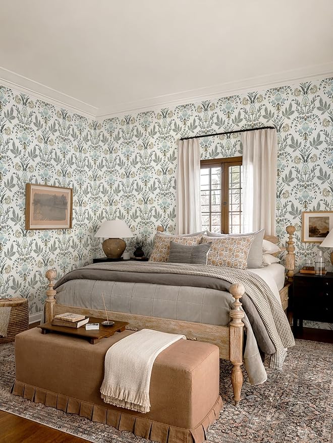 Dimoon Vintage Peel and Stick Wallpaper Boho Floral Leaf Contact Paper 197''x17.3'' Beige Grey Botanical Cottage Core Wallpaper Renter Friendly Damask Wall Paper for Bedroom Bathroom Decor Vinyl - Image 7
