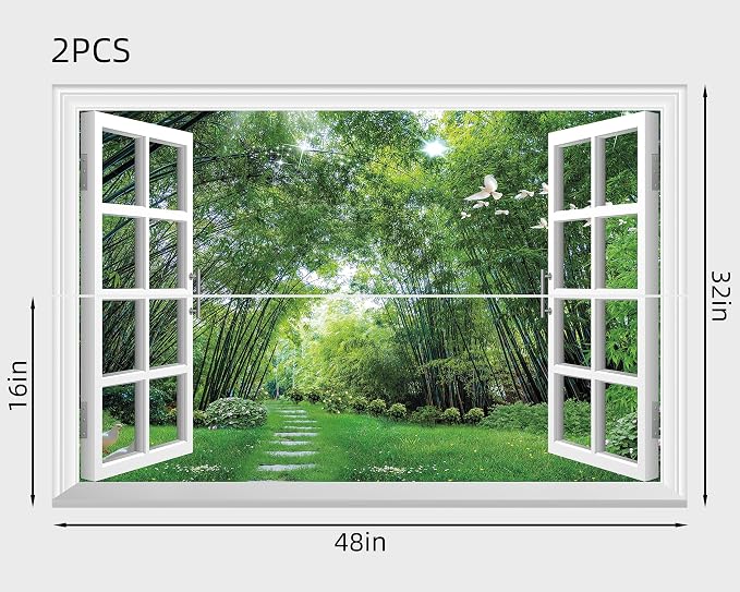 FLFK Fake Window Wall Mural - Jungle Faux Window Wall Sticker for Wall Decor, Stick and Peel Wall Decals,48"x32",Set of 2 Sheets - Image 2