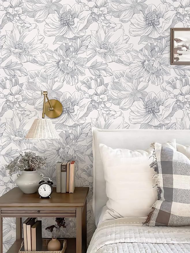 Ismoon Vintage Floral Wallpaper Peel and Stick Beige and Gray Contact Paper 17.3inx32.7ft Removable Self Adhesive Wall Paper for Bathroom Bedroom Cabinet Mural Wall Decor Vinyl Renter Friendly - Image 2