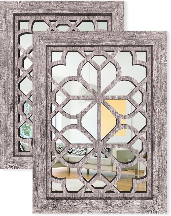 Set of 2 13x17 Inch Rectangular Shatterproof Decorative Wall Mirrors, Boho Farmhouse Rustic Vintage Grey Accent Mirrors for Living Room, Bedroom, Entryway & Home Wall Decor（Brown） by HMANGE