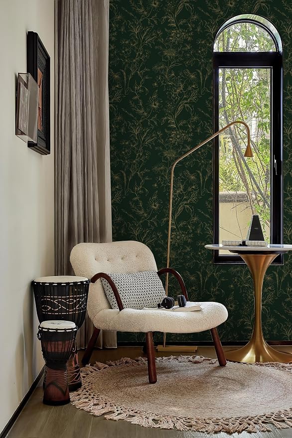Hopepak 17.3''x197'' Floral Peel and Stick Wallpaper Gold and Green Contact Paper Self Adhesive Removable Wall Paper for Bedroom Waterproof for Bathroom Cabinet - Image 5