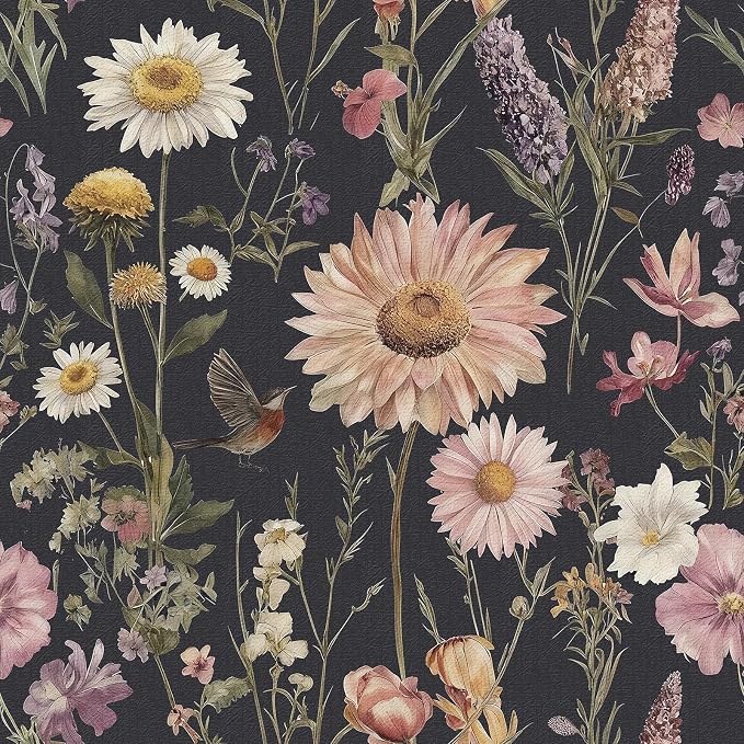 Livebor Dark Floral Peel and Stick Wallpaper for Bathroom 16.9” x 196.8” | Vintage Floral Contact Paper Waterproof Birds Boho Flower Self Adhesive Removable Wall Paper Decorative for Cabinets Vinyl by LiveborDirectWallpaper