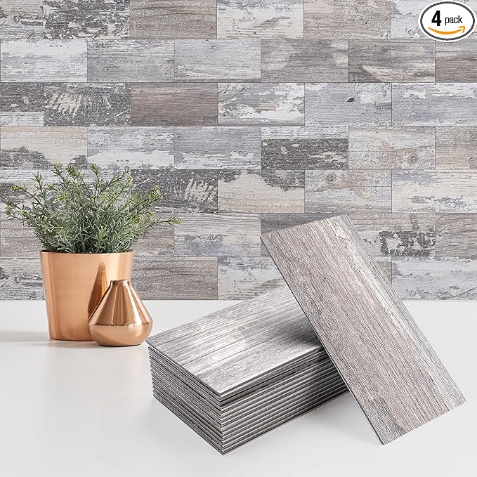 StyloVue 4 Pieces Peel and Stick Backsplash for Kitchen, 3" x 6" PVC Subway Tile Upgraded Distressed Wood Backsplash Stick on Tile Elevate Kitchen, Bathroom, Fireplace,RV by StyloVue