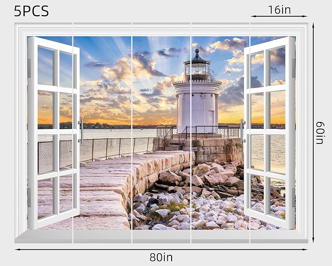 FLFK Fake Window Wall Mural - Shoreline Lighthouse Faux Window Wall Sticker for Wall Decor, Stick and Peel Wall Decals,80"x60",Set of 5 Sheets - Image 2