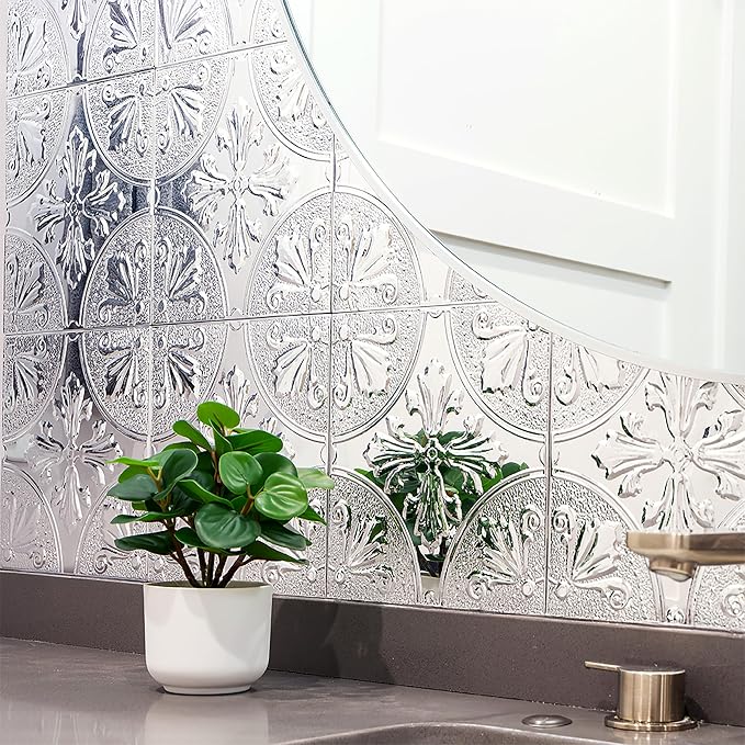 Peel and Stick Metal Backsplash Tiles, Silver Fleur, 10-Pack | 8 x 8 in tile size; Covers up to 4.44 sq ft; Aluminum; Water-resistant surface; For kitchens, ceilings, DIY projects - Image 6