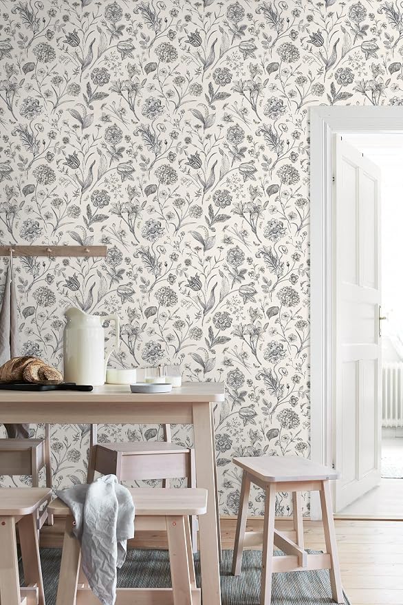 Beige and Black Floral Peel and Stick Wallpaper Floral 17in x 197in | Botanical Wallpaper Vintage Contact Paper Black Flower Removable Wall Paper for Bathroom Bedroom Boho Self Adhesive Vinyl - Image 7