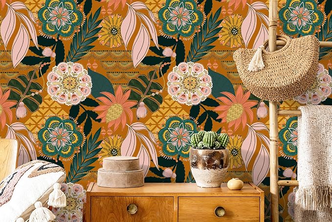 HAOKHOME Orange Wallpaper Peel and Stick Tropical Boho Floral for Bathroom | Textured Removable Waterproof Renter Friendly Wall Paper Vintage Terracotta Pink Green Botanical Bedroom 17.3in x 9.8ft - Image 8