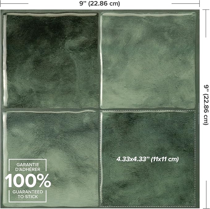 Smart Tiles Peel and stick backsplash, Zellige Moss Green, 9"x9" - Image 4
