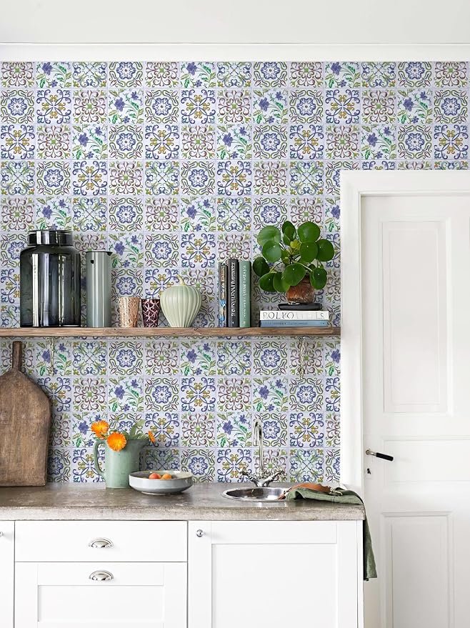 Wudnaye Blue Tile Peel and Stick Backsplash Wallpaper for Kitchen 17"×118" | Faux Tile Contact Paper Vintage Boho Self Adhesive Wallpaper Peel and Stick Tile Pattern Waterproof Removable Wall Paper - Image 6