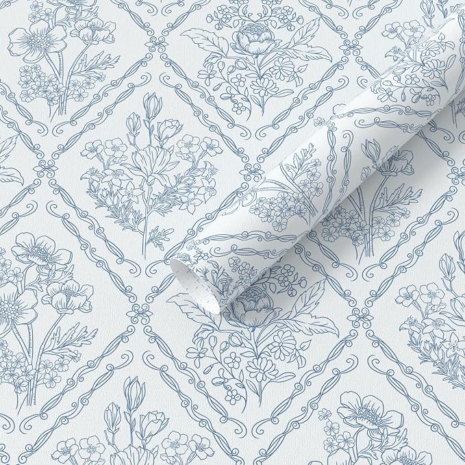 Toduso Peel and Stick Wallpaper Vintage Wall Paper Blue and White Contact Paper Floral Removable Wallpaper for Bathroom Bedroom Flower Waterproof Self Adhesive Vinyl Drawer Decor 17.3"x393.7" by Toduso