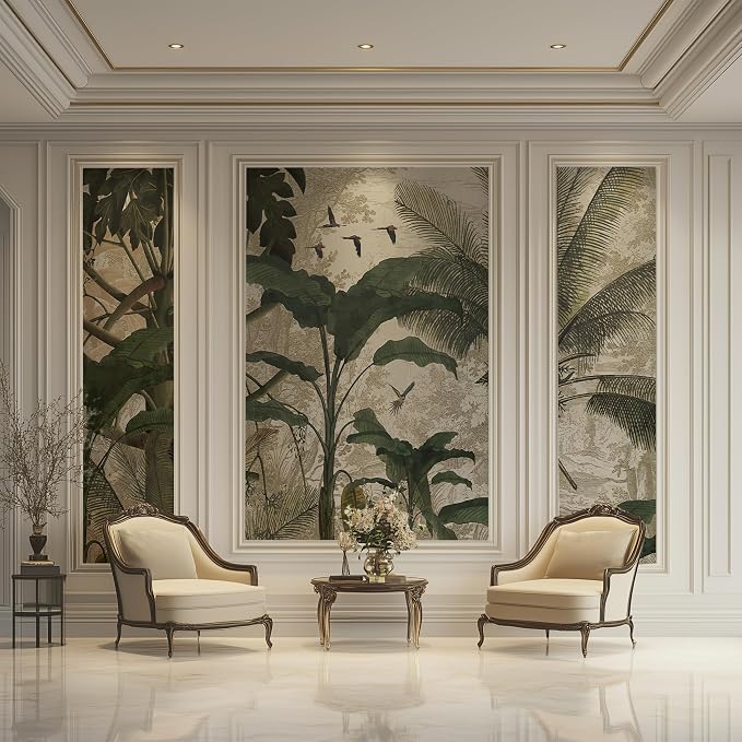 Vintage Tropical Botanical Peel and Stick Wall Mural, Canvas Wallpaper | Large Removable Jungle Mural with Palm Leaves and Birds for Dining Room, Living Room or Accent Wall Decor - Image 4