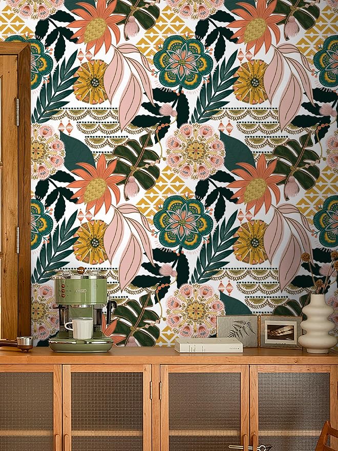 HAOKHOME Peel and Stick Wallpaper Boho Tropical Floral Botanical Colorful | Textured Removable Waterproof Renter Friendly Wall Paper Retro White Pink Green Banana Leaf Bathroom Bedroom 17.3in x 9.8ft - Image 5