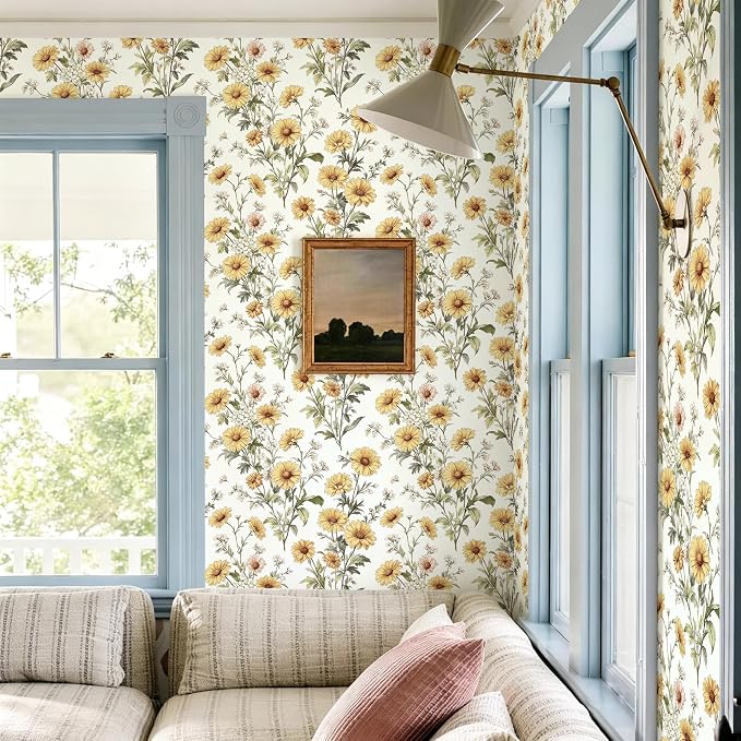 Livebor Daisy Floral Peel and Stick Wallpaper for Bathroom 16.9in x196.8in | Floral Contact Paper Yellow Daisy Flower Wallpaper Waterproof Flower Boho Self Adhesive Removable Wall Paper Decor Vinyl - Image 4