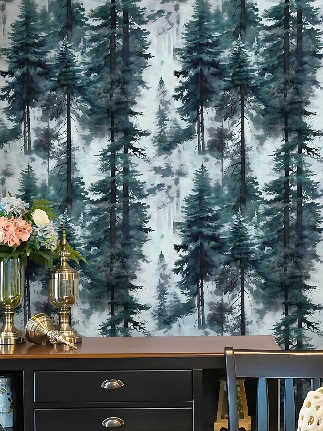 HAOKHOME Forest Peel and Stick Wallpaper Misty Blue Mural Contact Paper | Textured Removable Tree Landscape Mountain Botanical Nature Wall Paper Waterproof Blue Green Bathroom Bedroom 17.3in x 9.8ft - Image 5