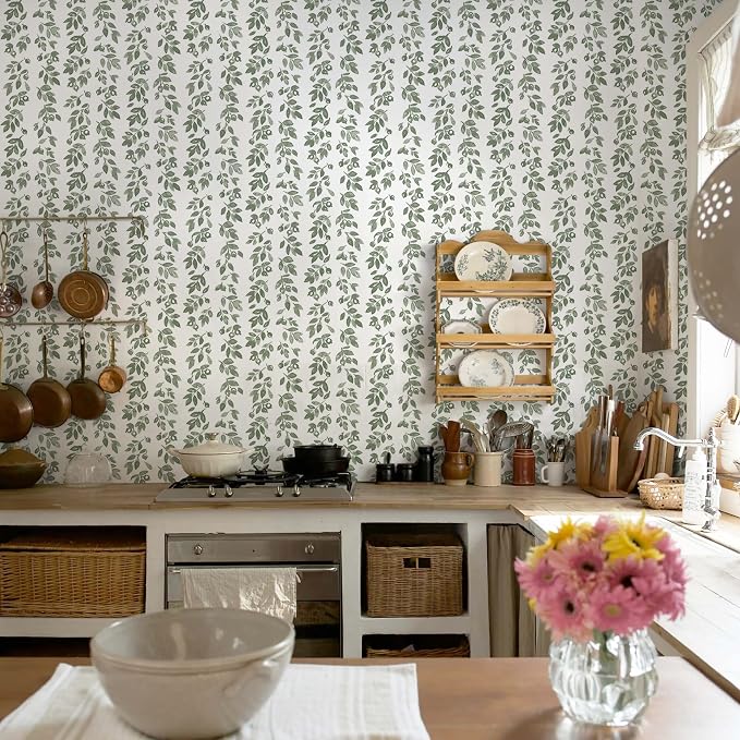 Heroad 17.3''x196'' Green Wallpaper Vintage Peel and Stick Wallpaper Leaf Contact Paper Cottage Core Wall Paper Self Adhesive Removable Wallpaper for Bathroom Bedroom Kitchen Watercolor Decor Vinyl - Image 5