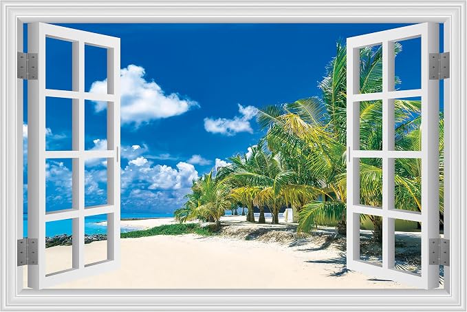 FLFK Fake Window Wall Sticker, White Frame Tropical Beach Scene, Peel and Stick Removable Wall Decal, Paradise Ocean View with Palm Trees, 24 x 16 Inches, Modern Style, Indoor Use by FLFK