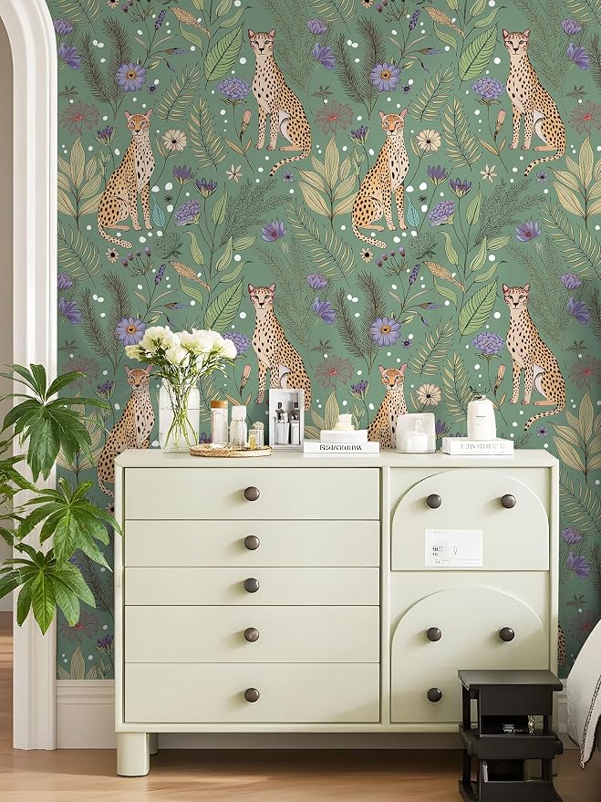Floralplus Cheetah Peel and Stick Wallpaper Sage Green Wallpaper | Renter Friendly Wallpapers for Bathroom Jungle Leopard Textured Removable Contact Paper for Kitchen Bedroom 17.5 x 118 in - Image 2