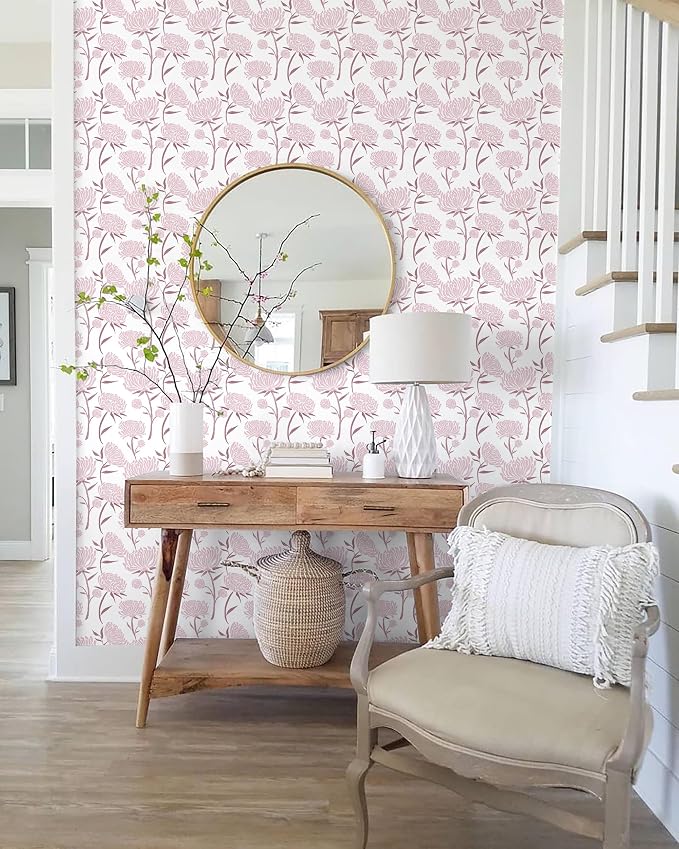 Hopepak Peel and Stick Wallpaper Floral Contact Paper Pink Wall Paper Modern Self Adhesive Removable Vinyl Wallpaper for Bedroom 17.3"x118" - Image 7