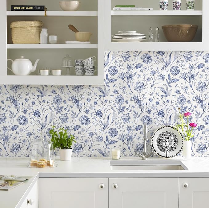White and Blue Floral Peel and Stick Wallpaper Vintage 17in x 197in | Botanical Wallpaper Vintage Contact Paper Black Flower Removable Wall Paper for Bathroom Bedroom Boho Self Adhesive Vinyl - Image 2