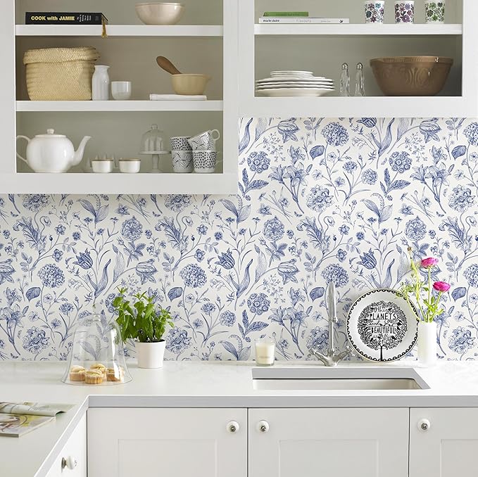 White and Blue Floral Peel and Stick Wallpaper Vintage 17in x 118in | Botanical Wallpaper Vintage Contact Paper Black Flower Removable Wall Paper for Bathroom Bedroom Boho Self Adhesive Vinyl - Image 2
