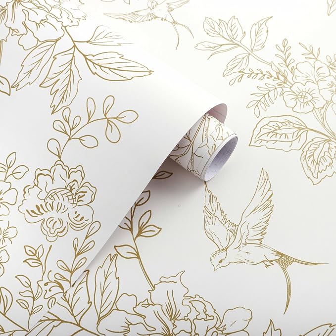 Froluya Cream White and Gold Floral Peel and Stick Wallpaper 17.7in×118.1in | Vintage Floral Birds Self Adhesive Wallpaper Boho Contact Paper Peel and Stick Removable Decorative Wall Paper for Cabinets - Image 6