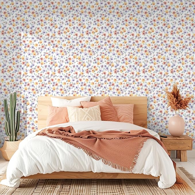 Orange Watercolor Floral Peel and Stick Wallpaper, 17.3" x 472" Soft Pastel Flower Removable Vinyl Wallpaper, Waterproof Self-Adhesive Vintage Floral Contact Paper for Nursery Bedroom Cabinets - Image 8