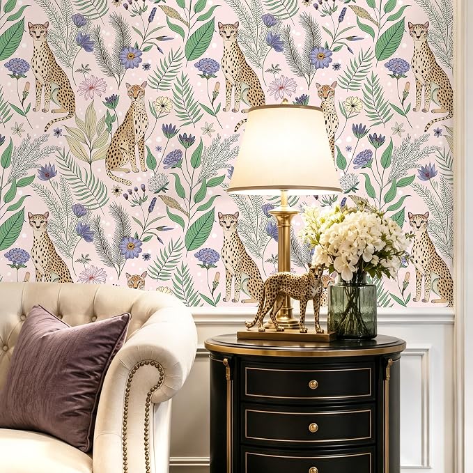 Floralplus Wallpaper Peel and Stick Vintage Pink Floral Wallpaper | Renter Friendly, Removable, Self Adhesive, Jungle Leopard Wallpaper, Textured Contact Paper for Nursery, 17.5 x 118 in - Image 2